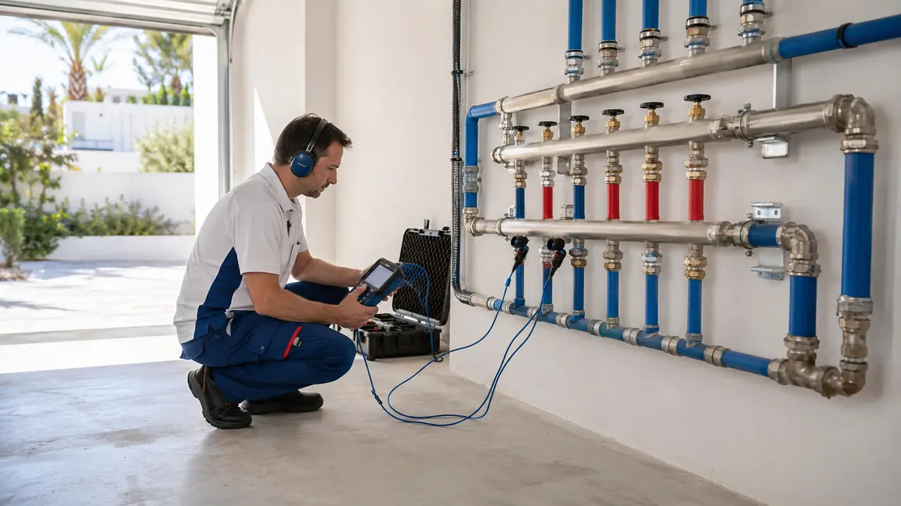Técnico revisando con cámara térmica una instalación comunitaria en Manilva